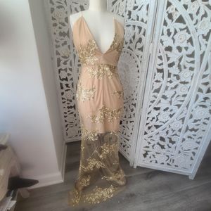 Low Back Gold deep V Sequin floor length dress